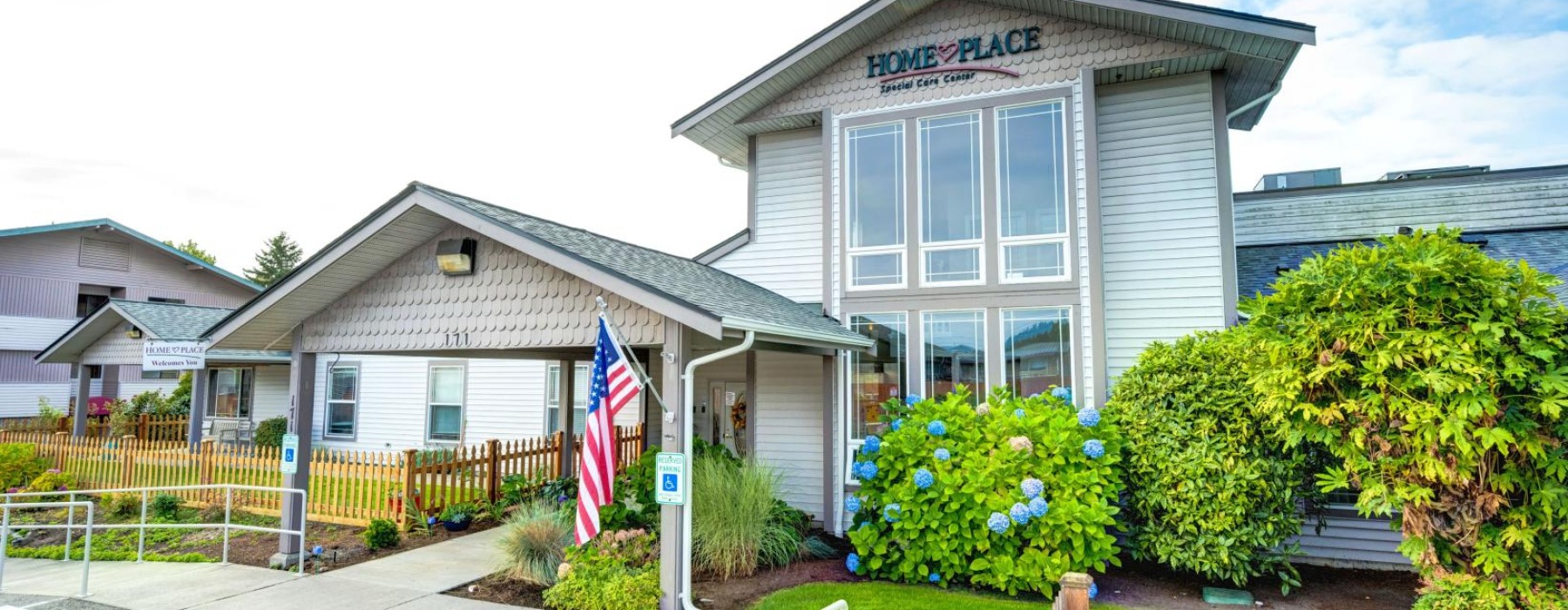 a building with a flag in front